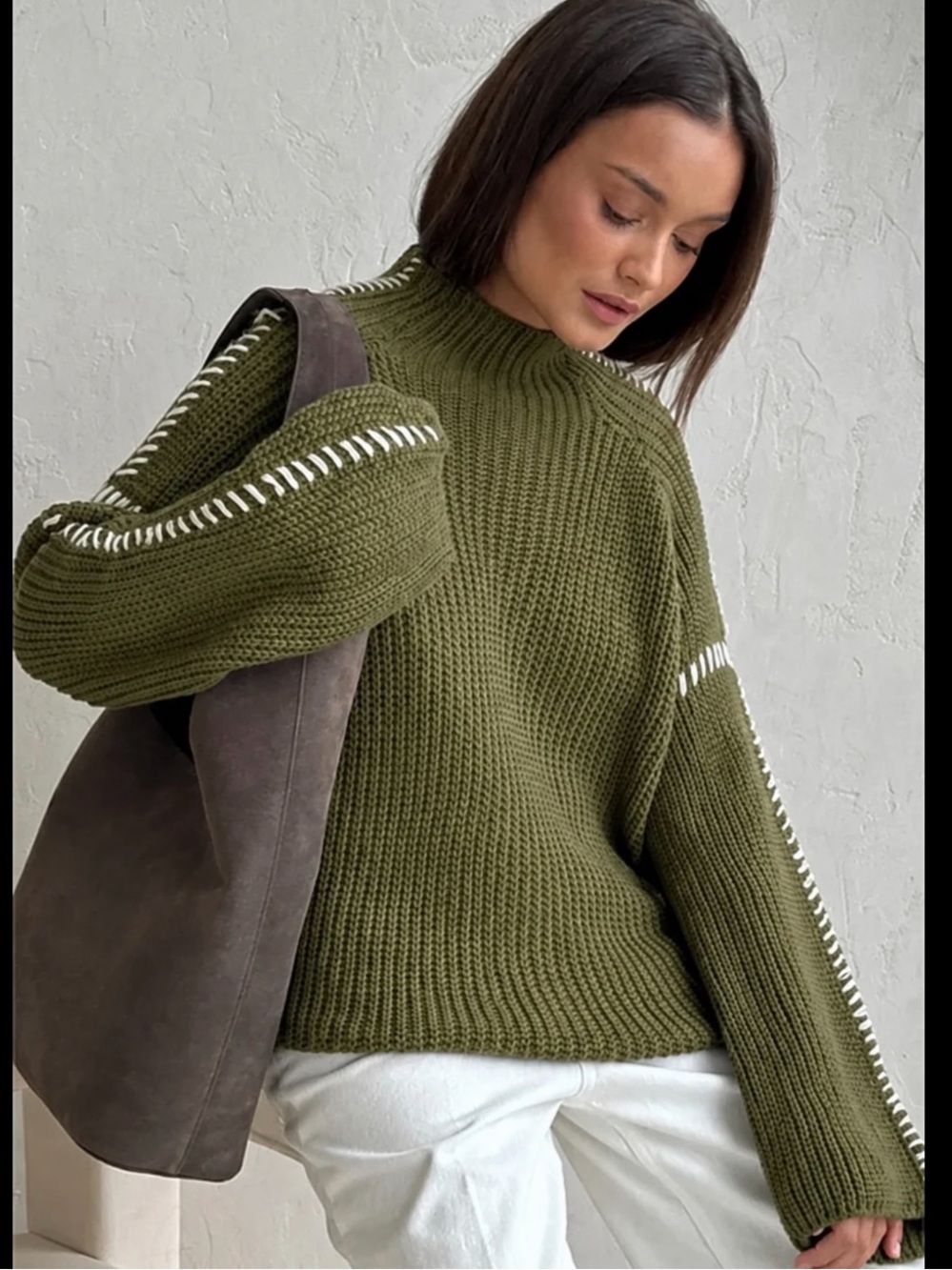 Commense Olive Ribbed Crewneck Sweater